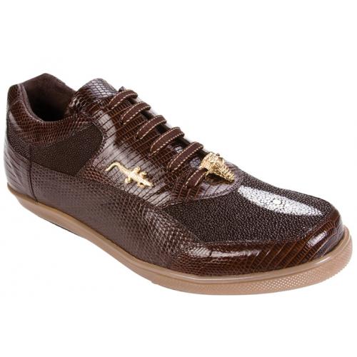 Belvedere "Polo II 2806" Brown Genuine Stingray/Lizard Sneakers With Crocodile On The Side